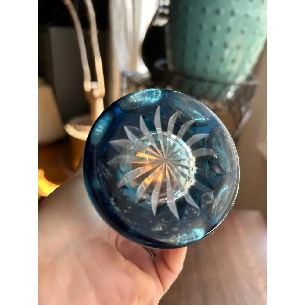 New Vintage blue cut to clear glass bud vase etched swans